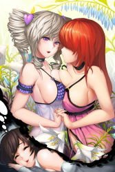 Rule 34 | 3girls, antenna hair, asymmetrical docking, black hair, blush, breast press, breasts, character request, choker, cleavage, collarbone, dreaming, drill hair, drooling, covered erect nipples, female pervert, flower, hair ornament, hair over eyes, hairclip, highres, large breasts, lips, long hair, multiple girls, parted lips, pervert, purple eyes, red hair, saliva, silver hair, sleeping, smile, snowball22, sword girls, symmetrical docking, thought bubble, twin drills, twintails, yuri