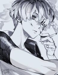 Rule 34 | 1boy, blood, blood on face, blood splatter, cigarette, collarbone, earrings, highres, holding, holding cigarette, jewelry, kayano mikoto, kohianji, looking to the side, male focus, messy hair, milgram, monochrome, shirt, short hair, signature, sitting, smoke, smoking, solo