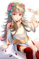 Rule 34 | 1girl, absurdres, bare shoulders, bird, bird on hand, bracelet, detached sleeves, dress, fire emblem, fire emblem heroes, flower, gold trim, grey hair, hair flower, hair ornament, head wreath, highres, jewelry, long hair, looking at viewer, nintendo, official alternate costume, pelvic curtain, pink flower, red eyes, red thighhighs, ryo-suzuki, simple background, sitting, solo, thighhighs, tiara, twitter username, upper body, veronica (fire emblem), white background, white dress