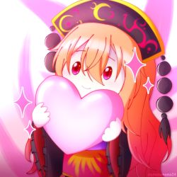 Rule 34 | 1girl, black headwear, blush, chibi, cowboy shot, crescent print, energy, fox tail, frilled sleeves, frills, hair between eyes, happy, heart, highres, holding, holding heart, junko (touhou), long hair, looking up, multiple tails, obi, panpi, red eyes, red tabard, sash, simple background, smile, solo, sparkle, tabard, tail, tassel, touhou, twitter username, valentine, very long hair, white background