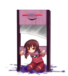 Rule 34 | 1girl, aosora (mizore), bad id, bad pixiv id, blood, braid, brown hair, guillotine, hair ornament, kneeling, light smile, madotsuki, pillory, pink shirt, red eyes, restrained, shirt, simple background, skirt, smile, solo, stationary restraints, stocks, thighhighs, twin braids, yume nikki