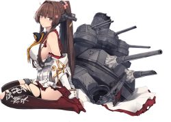 Rule 34 | 1girl, black thighhighs, boots, breasts, brown hair, clothing cutout, coat, collar, full body, gradient footwear, gradient legwear, hair intakes, headgear, kantai collection, large breasts, long hair, looking at viewer, looking to the side, machinery, metal collar, official art, ponytail, red thighhighs, shizuma yoshinori, shoulder cutout, sitting, sleeveless, sleeveless coat, solo, thigh boots, thighhighs, torn clothes, transparent background, turret, wariza, yamato (kancolle), yamato kai ni (kancolle)