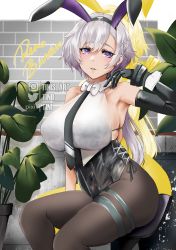 Rule 34 | 1girl, absurdres, animal ears, armpits, azur lane, backless leotard, bare shoulders, black bra, black hairband, black leotard, black neckwear, black pantyhose, blush, bow, bowtie, bra, bra strap, braid, breasts, brick wall, collarbone, collared shirt, commentary, cowboy shot, crop top, earrings, elbow gloves, fake animal ears, gloves, grey hair, hair between eyes, hairband, highres, instagram username, jewelry, large breasts, leotard, long hair, looking at viewer, low ponytail, metal gloves, necktie, official alternate costume, pantyhose, parted hair, parted lips, pixiv username, plant, playboy bunny, potted plant, purple eyes, rabbit ears, reno (azur lane), reno (reno bunnino) (azur lane), see-through, see-through shirt, shadow, shirt, side-tie leotard, sideboob, sidelocks, single elbow glove, sitting, skindentation, sleeveless, sleeveless shirt, smile, solo, stool, stud earrings, thigh strap, tini, twitter username, underwear, watermark, white bow, white bowtie, wrist cuffs
