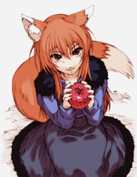 Rule 34 | 00s, 1girl, animal ears, apple, brown hair, dress, fang, food, fruit, hisahiko, holo, long hair, red eyes, solo, spice and wolf, tail, wolf ears, wolf tail
