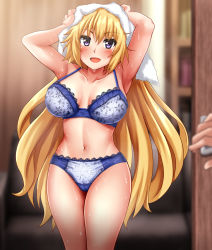 Rule 34 | 1girl, absurdres, blonde hair, blue bra, blue eyes, blue panties, blurry, bra, breasts, cameltoe, collarbone, commentary request, commission, cowboy shot, depth of field, fate/apocrypha, fate/grand order, fate/zero, fate (series), frilled bra, frilled panties, frills, highres, jeanne d&#039;arc (fate), jeanne d&#039;arc (ruler) (fate), large breasts, long hair, looking at viewer, navel, panties, pixiv commission, solo, towel, towel on head, underwear, underwear only, zanntetu