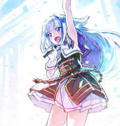 Rule 34 | 1girl, arm up, black dress, blue hair, capelet, commentary request, dress, floating hair, gloves, hair between eyes, hair ornament, holding, holding microphone, layered dress, lize helesta, long hair, microphone, nijisanji, open mouth, purple eyes, sakino shingetsu, sleeveless, sleeveless dress, solo, virtual youtuber, white gloves