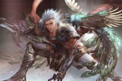 Rule 34 | 1boy, absurdres, armor, bird, blue hair, closed mouth, f25f, full body, gloves, highres, looking at viewer, male focus, noel (saga), romancing saga 2, saga, simple background, solo, spiked hair, sword, weapon