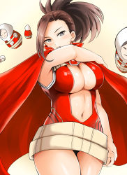 Rule 34 | 1girl, absurdres, adahcm, arm across chest, belt, black eyes, black hair, boku no hero academia, breasts, cape, center opening, cleavage, cloak, gradient background, hair pulled back, highres, large breasts, leotard, looking at viewer, matryoshka doll, midriff, navel, open mouth, ponytail, shiny clothes, shiny skin, solo, standing, stomach, superhero costume, thick thighs, thighs, white background, yaoyorozu momo, yellow background