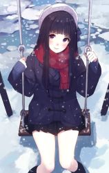 Rule 34 | black hair, black socks, blue coat, blunt bangs, blush, caidychen, closed mouth, coat, day, from above, hat, head tilt, kneehighs, long hair, long sleeves, miniskirt, outdoors, purple eyes, red scarf, scarf, sitting, skirt, snowing, socks, solo, thighs, white hat