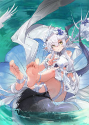Rule 34 | 1girl, absurdres, arknights, bare arms, bare legs, bare shoulders, barefoot, crocodilian tail, crossed legs, feet, flower, foot focus, foreshortening, hair flower, hair ornament, highres, large tail, long hair, official alternate costume, pointy ears, short hair, silver hair, soles, strash, tail, toes, tomimi (arknights), tomimi (silent night) (arknights), water, yellow eyes