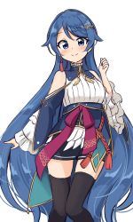 Rule 34 | 1girl, absurdres, bare shoulders, black shorts, black thighhighs, blue eyes, blue hair, commentary, earrings, frilled sleeves, frills, hair ornament, hairclip, highres, jewelry, light blush, long hair, long sleeves, looking at viewer, project gen2, shiraha maru, short shorts, shorts, simple background, single earring, smile, solo, tassel, tassel earrings, thighhighs, tsubasa aiba, very long hair, virtual youtuber, white background, wide sleeves