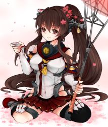 Rule 34 | 10s, 1girl, antennae, bad id, bad nicoseiga id, black thighhighs, breasts, brown hair, chinpansha, cup, elbow gloves, flower, gloves, hair ornament, kantai collection, large breasts, long hair, miniskirt, navel, personification, ponytail, red eyes, single thighhigh, skirt, smile, solo, sumyu (chinpansha), thighhighs, umbrella, very long hair, yamato (kancolle)