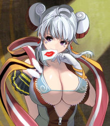 Rule 34 | 1girl, ahoge, arm behind back, bare shoulders, breasts, cleavage, earrings, feathers, gloves, huge breasts, jewelry, kouno (masao), lipstick mark, long hair, mouth hold, original, purple eyes, scarf, silver hair, solo, zipper