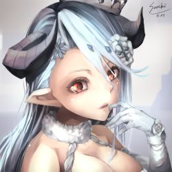 Rule 34 | 10s, 1girl, artist name, bad id, bad pixiv id, breasts, cleavage, dated, draph, dress, elbow gloves, fur collar, gloves, granblue fantasy, hair ornament, halterneck, hat, highres, horns, izmir, large breasts, lips, pointy ears, red eyes, saraki, snowflake hair ornament, solo, upper body, white dress, white gloves, white hair, white hat