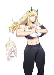 Rule 34 | 2girls, abs, absurdres, artoria caster (counter stretch) (fate), artoria caster (fate), artoria pendragon (fate), bare shoulders, black pants, blonde hair, breasts, collarbone, barghest (fate), fate/grand order, fate (series), green eyes, heterochromia, highres, horns, house tag denim, huge breasts, long hair, multiple girls, muscular, muscular female, navel, pants, red eyes, sports bra, thighs, toned, white sports bra, yoga pants