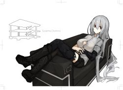 Rule 34 | 1girl, absurdres, bad id, bad pixiv id, black footwear, black gloves, black thighhighs, boots, breasts, button gap, cleavage, collared shirt, couch, cross-laced footwear, crossed legs, dress shirt, elbow gloves, eyebrows hidden by hair, gloves, grey hair, grey shirt, hair between eyes, highres, interlocked fingers, lace-up boots, long hair, lying, medium breasts, mikoto (oi plus), on back, on couch, original, own hands together, parted lips, red eyes, shirt, short sleeves, single glove, solo, thighhighs, very long hair, white background