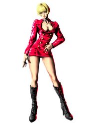 Rule 34 | 1girl, bare legs, black footwear, blonde hair, bloody roar, bob cut, boots, breasts, choker, cleavage, collar, contrapposto, cross-laced footwear, dress, facing viewer, full body, green eyes, hand on own hip, high heel boots, high heels, hip focus, jacket, jenny burtory, jewelry, knee boots, lace-up boots, large breasts, lipstick, makeup, medium breasts, nail polish, no pants, official art, red dress, red lips, ring, short dress, short hair, simple background, solo, standing, tagme, white background
