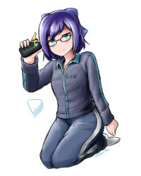 Rule 34 | 1girl, a-chan (hololive), admiral paru, aqua eyes, bow, cellphone, glasses, hair bow, highres, hololive, jacket, logo, medium hair, no shoes, pants, phone, purple hair, raised eyebrow, seiza, sitting, smartphone, smartphone case, smile, solo, track jacket, track pants, track suit, twitter username, virtual youtuber