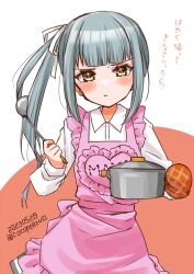 Rule 34 | 1girl, apron, brown eyes, cocoperino, collared shirt, dated, dress shirt, frilled apron, frills, grey hair, grey skirt, kantai collection, kasumi (kancolle), ladle, long hair, one-hour drawing challenge, oven mitts, pink apron, shirt, side ponytail, skirt, solo, translation request, twitter username, two-tone background, white shirt, yellow eyes