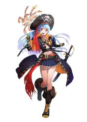 Rule 34 | 1girl, azuma kyoutarou (artist), blue hair, boots, feathers, full body, hat, highres, jacket, kula diamond, long hair, miniskirt, pirate, pirate hat, red eyes, simple background, skirt, skull and crossbones, snk, snk heroines: tag team frenzy, solo, sword, the king of fighters, weapon, white background