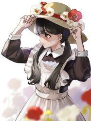 Rule 34 | 1girl, absurdres, adjusting clothes, adjusting headwear, apron, arms up, black hair, black shirt, closed mouth, collared shirt, dress, flower, hands up, hat, highres, kashiwagi chisame, long hair, long sleeves, maid, maid apron, mole, mole under eye, original, poppy (flower), purple eyes, red flower, shirt, simple background, solo, sun hat, twintails, white apron, white background, white dress, white flower
