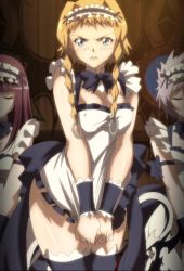 Rule 34 | 10s, 3girls, angry, apron, black legwear, blonde hair, blue eyes, blush, bow, bowtie, braid, breasts, cleavage, covering privates, covering crotch, detached collar, highres, large breasts, leina (queen&#039;s blade), long hair, maid, maid apron, maid headdress, multiple girls, queen&#039;s blade, queen&#039;s blade rebellion, queen&#039;s blade vanquished queens, screencap, skirt, skirt tug, standing, stitched, thighhighs, third-party edit, wrist cuffs