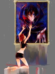 Rule 34 | 1boy, 1girl, abstract, arms up, bare arms, bare legs, barefoot, black hair, breasts, code geass, crop top, crop top overhang, closed eyes, highres, ilohasvio, kouzuki kallen, kneeling, lelouch vi britannia, midriff, outstretched hand, painting (object), purple eyes, red hair, short hair, shorts, sideboob, underboob