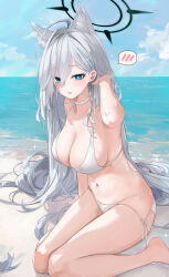 Rule 34 | 1girl, ahoge, alternate costume, animal ear fluff, animal ears, beach, bikini, blue archive, blue eyes, blue sky, blush, breasts, choker, cloud, commentary request, cross hair ornament, day, dema hmw, extra ears, hair ornament, halo, highres, holding, holding own hair, large breasts, long hair, mismatched pupils, navel, ocean, parted lips, sand, shiroko (blue archive), shiroko terror (blue archive), side-tie bikini bottom, sideboob, sitting, sky, solo, spoken blush, stomach, strap gap, swimsuit, very long hair, water, wet, white bikini, white choker, white hair, wolf ears