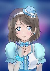 Rule 34 | 1girl, aqua eyes, artist name, artist request, blue bow, blue eyes, blue headwear, blue scrunchie, blush, bow, braid, breasts, brown hair, center frills, clenched hand, collared dress, collared shirt, corset, dress, earrings, female focus, frilled dress, frilled sleeves, frills, grey hair, hair between eyes, hairband, hairbraid, hat, hat ribbon, highres, jewelry, layered dress, light brown hair, looking at viewer, love live!, love live! sunshine!!, mini hat, bowtie, omoi yo hitotsu ni nare, polka dot, polka dot bow, polka dot scrunchie, puffy short sleeves, puffy sleeves, ribbon, scrunchie, shirt, short hair, short sleeves, small breasts, smile, solo, upper body, watanabe you, white bow, wrist scrunchie