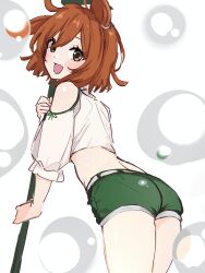 Rule 34 | 1girl, absurdres, ass, blush, brown eyes, brown hair, bubble, clothing cutout, commentary request, cowboy shot, from behind, green shorts, highres, holding, holding staff, kanne (sousou no frieren), looking at viewer, looking back, midriff, open mouth, pantylines, parted bangs, shirt, short hair, short shorts, shorts, shoulder cutout, simple background, sleeves past elbows, smile, solo, sousou no frieren, staff, thighs, ukitaryu, white background, white shirt