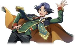 Rule 34 | 1boy, arm up, artist request, black eyes, black pants, blue hair, buttons, cape, code geass, code geass: lost stories, cowboy shot, cropped legs, double-breasted, dutch angle, feather trim, flower, formal, game cg, green jacket, hair intakes, hand on own hip, happy, highres, jacket, male focus, medal, necktie, non-web source, official art, open mouth, orange cape, orange flower, pants, red necktie, rivalz cardemonde, short hair, short necktie, simple background, smile, solo, standing, teeth, transparent background, waving, white flower