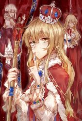 Rule 34 | 1girl, alternate costume, bad id, bad pixiv id, blonde hair, bracelet, braid, cape, crown, curtains, doll, expressionless, highres, hourai doll, jewelry, kirisame marisa, long hair, looking at viewer, meng ziya, ring, scepter, solo, touhou, yellow eyes