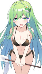 Rule 34 | 1girl, bare arms, bare legs, bare shoulders, bikini, black bikini, blush, breasts, cleavage, collarbone, commentary, cowboy shot, e.o., frog hair ornament, gohei, green eyes, green hair, hair between eyes, hair ornament, hair tubes, highres, holding, holding gohei, kochiya sanae, large breasts, long hair, looking at viewer, navel, open mouth, simple background, snake hair ornament, solo, swimsuit, touhou, white background