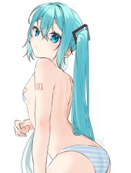 Rule 34 | 1girl, absurdres, arm tattoo, ass, back, bandaid, bandaids on nipples, blue eyes, blue hair, blue panties, blush, breasts, closed mouth, cowboy shot, from behind, halha 20, hatsune miku, highres, leaning forward, long hair, looking at viewer, looking back, number tattoo, panties, pasties, signature, simple background, small breasts, solo, striped clothes, striped panties, tattoo, topless, twintails, underwear, very long hair, vocaloid, white background