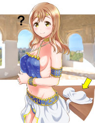 Rule 34 | 10s, 1girl, ?, arrow (symbol), bare shoulders, belly dancer, blurry, blurry background, blush, bracelet, breasts, brown eyes, brown hair, closed mouth, clueless, eyelashes, gonta (gshoutai), halterneck, highres, jewelry, kokoro magic a to z, kunikida hanamaru, large breasts, long hair, looking at viewer, love live!, love live! sunshine!!, midriff, navel, neck ring, no bra, sideboob, smile, solo, standing, stomach