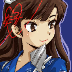 Rule 34 | 1girl, biifun, blue background, brown eyes, brown hair, female focus, kuonji ukyou, light smile, lips, lipstick, long hair, looking to the side, lowres, makeup, ranma 1/2, simple background, solo
