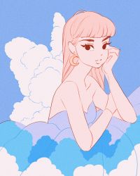 Rule 34 | 1girl, absurdres, bare shoulders, black eyes, blue background, blunt bangs, cloud, crescent, crescent earrings, dress, earrings, hand up, highres, jewelry, long hair, looking at viewer, meyoco, original, pink hair, print dress, solo, strapless, strapless dress, upper body