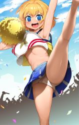 Rule 34 | 1girl, :d, alice margatroid, arm up, armpits, blonde hair, blue eyes, blue skirt, blue sky, blush, breasts, cameltoe, cheerleader, cloud, commentary request, confetti, cookie (touhou), crop top, day, dutch angle, empty eyes, feet out of frame, hair between eyes, highres, kneepits, large breasts, leg up, looking at viewer, navel, open mouth, outdoors, panties, pantyshot, people, pom pom (cheerleading), shirt, short hair, sinzen, skirt, sky, smile, solo focus, star (symbol), star print, tan, teeth, tongue, touhou, underwear, upper teeth only, v-shaped eyebrows, web (cookie), white panties, white shirt