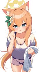 Rule 34 | 1girl, animal ear fluff, black shorts, blue archive, blue eyes, blush, breasts, carrot (jetcarrot), collarbone, cowboy shot, extra ears, flower, gym shirt, gym shorts, gym uniform, hair between eyes, hair flower, hair ornament, halo, highres, holding, holding towel, long hair, looking at viewer, mari (blue archive), mari (track) (blue archive), official alternate costume, open mouth, orange hair, shirt, short sleeves, shorts, simple background, small breasts, smile, solo, sweat, towel, white background, white flower, white shirt, white towel, yellow halo