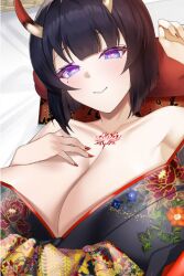 Rule 34 | breasts, cleavage, futon, game cg, hanashiro haruka, hand on own chest, heart, heart-shaped pupils, hime cut, horns, huge breasts, japanese clothes, kimono, looking at viewer, nijigen kanojo, oni horns, symbol, symbol-shaped pupils