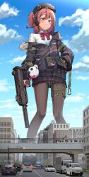 Rule 34 | 1girl, ahoge, beret, black hat, black jacket, black pantyhose, black skirt, blue sky, building, car, city, closed mouth, cloud, commission, fur-trimmed jacket, fur trim, giant, giantess, girls&#039; frontline, gun, h&amp;k mp7, hanabusaraleigh, hat, holding, holding gun, holding weapon, jacket, looking at viewer, motor vehicle, mp7 (girls&#039; frontline), outdoors, pantyhose, personal defense weapon, pleated skirt, red hair, second-party source, shirt, skeb commission, skirt, sky, solo, standing, submachine gun, suppressor, train, weapon, white shirt, yellow eyes