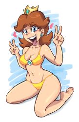Rule 34 | 1girl, :d, bare arms, bare legs, bare shoulders, barefoot, bikini, blue background, blush, breasts, brown hair, cleavage, collarbone, crown, double v, earrings, eyelashes, eyes visible through hair, flipped hair, flower earrings, full body, groin, hands up, heart, highres, hip bones, jewelry, kneeling, looking at viewer, mario (series), medium breasts, medium hair, navel, nintendo, open mouth, parted bangs, princess daisy, proxt2k, smile, solo, stomach, strap gap, super mario land, swimsuit, teeth, thighs, tomboy, tongue, tongue out, upper teeth only, v, white background, yellow bikini