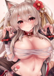 Rule 34 | 1girl, :3, absurdres, animal ears, azur lane, bandaged arm, bandages, blush, breasts, bridal gauntlets, budget sarashi, claw pose, cleavage, collar, collarbone, commentary, flower, groin, hair between eyes, hair flower, hair ornament, heart collar, highres, huge filesize, large breasts, long hair, looking at viewer, midriff, nail polish, navel, pink background, red collar, red eyes, red nails, ryara, sarashi, sidelocks, silver hair, smile, solo, spiked collar, spikes, stomach tattoo, tail, tattoo, thick eyebrows, underboob, upper body, wolf ears, wolf tail, yuudachi (azur lane), yuudachi (shogun of snowballs) (azur lane)
