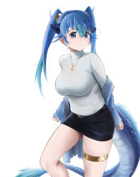 Rule 34 | 1girl, animal ears, beleven, black skirt, blue eyes, blue hair, blue jacket, blush, commentary request, cowboy shot, dragon ears, dragon girl, dragon tail, extra ears, grey sweater, highres, jacket, jewelry, kemono friends, kemono friends 3, long hair, long sleeves, looking at viewer, necklace, official alternate costume, pencil skirt, removing jacket, seiryuu (kemono friends), skirt, sweater, tail, thigh strap, turtleneck, turtleneck sweater, twintails