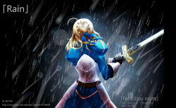 Rule 34 | 1girl, ahoge, aiovia, armor, armored dress, artoria pendragon (all), artoria pendragon (fate), blonde hair, dress, fate/stay night, fate (series), from behind, gradient background, rain, saber (fate), solo, sword, weapon