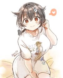 Rule 34 | 1girl, artist name, black hair, braid, breasts, clothes writing, commentary request, dated, hair flaps, heart, highres, jingei (kancolle), kantai collection, kirisawa juuzou, large breasts, long hair, low ponytail, meta, one-hour drawing challenge, red eyes, shirt, single braid, sitting, solo, spoken heart, t-shirt