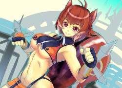 Rule 34 | 1girl, animal ears, arc system works, blazblue, blazblue: continuum shift, breasts, brown eyes, brown hair, makoto nanaya, revealing clothes, setsuna (nlima), smile, solo, squirrel ears, squirrel tail, tail, tonfa, underboob, weapon