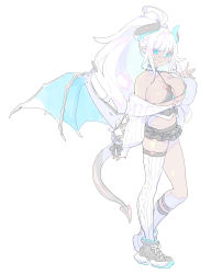 Rule 34 | 1girl, aqua eyes, arm at side, asymmetrical legwear, black bra, black skirt, bra, breasts, closed mouth, demon tail, demon wings, enkyo yuuichirou, full body, hand up, highres, horns, large breasts, long hair, long sleeves, looking at viewer, low wings, off shoulder, original, pointy ears, ribbon-trimmed sleeves, ribbon trim, shoes, simple background, single sock, single thighhigh, skirt, socks, solo, standing, sweater, tail, thighhighs, underwear, uneven legwear, white background, white hair, wings