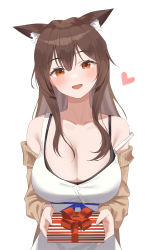 Rule 34 | 1girl, :d, animal ear fluff, animal ears, bad id, bad pixiv id, bare shoulders, black bra, blue ribbon, box, bra, breasts, brown hair, brown jacket, camisole, cleavage, collarbone, enpido, fox ears, gift, gift box, heart, highres, holding, jacket, large breasts, long hair, looking at viewer, off shoulder, open clothes, open jacket, open mouth, orange eyes, original, rei no himo, ribbon, shirt, simple background, sleeveless, sleeveless shirt, smile, solo, spaghetti strap, strap slip, underwear, upper body, white background, white shirt