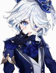 Rule 34 | 1girl, ahoge, ascot, black gloves, black shirt, blue ascot, blue bow, blue eyes, blue gemstone, blue hair, blue hat, blue jacket, blush, bow, buttons, collared jacket, collared vest, drop-shaped pupils, eyelashes, furina (genshin impact), gem, genshin impact, gloves, gold trim, grey hair, hair between eyes, hand up, hat, hat bow, heterochromia, highres, jacket, long sleeves, looking at viewer, mismatched pupils, multicolored hair, open clothes, open jacket, open mouth, shirt, short hair, sidelocks, simple background, smile, solo, symbol-shaped pupils, tongue, top hat, two-tone hair, upper body, vest, white background, white vest, yuuki hajime